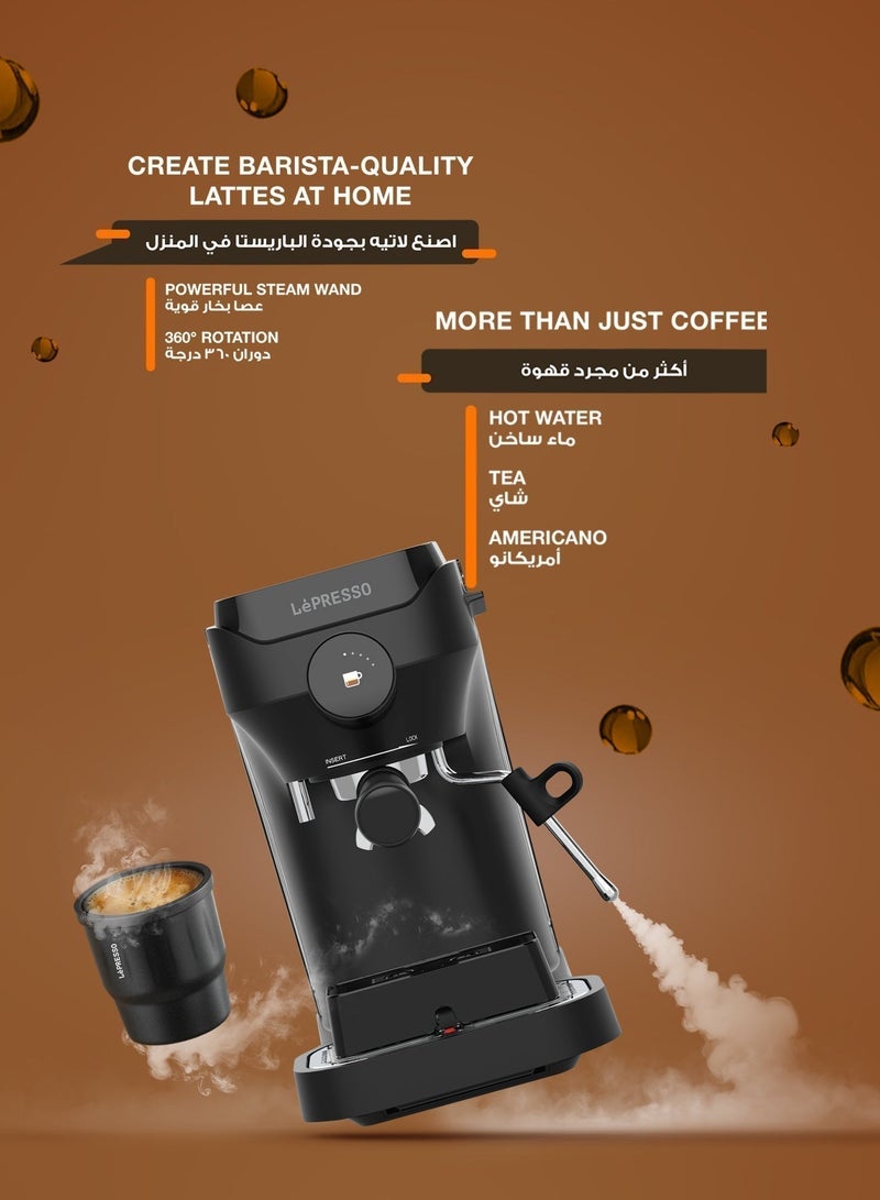 LePRESSO LUCENERO 19 Bar Coffee Machine with LCD Screen, Customizable Settings For Any Coffee, Portafilter 54mm With 2 Basket Single & Double, 19 Bar Pressure, 1600W Power, Steam Wand 360° Rotation, Cup Warmer, Espresso Machines - Black - Image 4